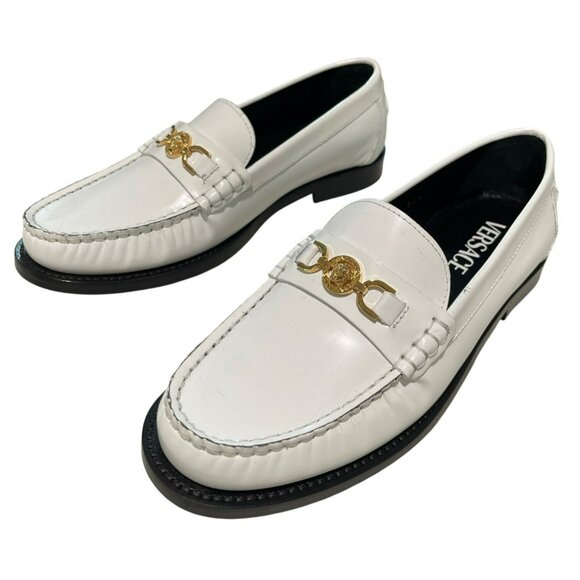 Versace $775 White Leather Loafers Gold Medusa Hardware Size 37.5 7.5 - Picture 3 of 9
